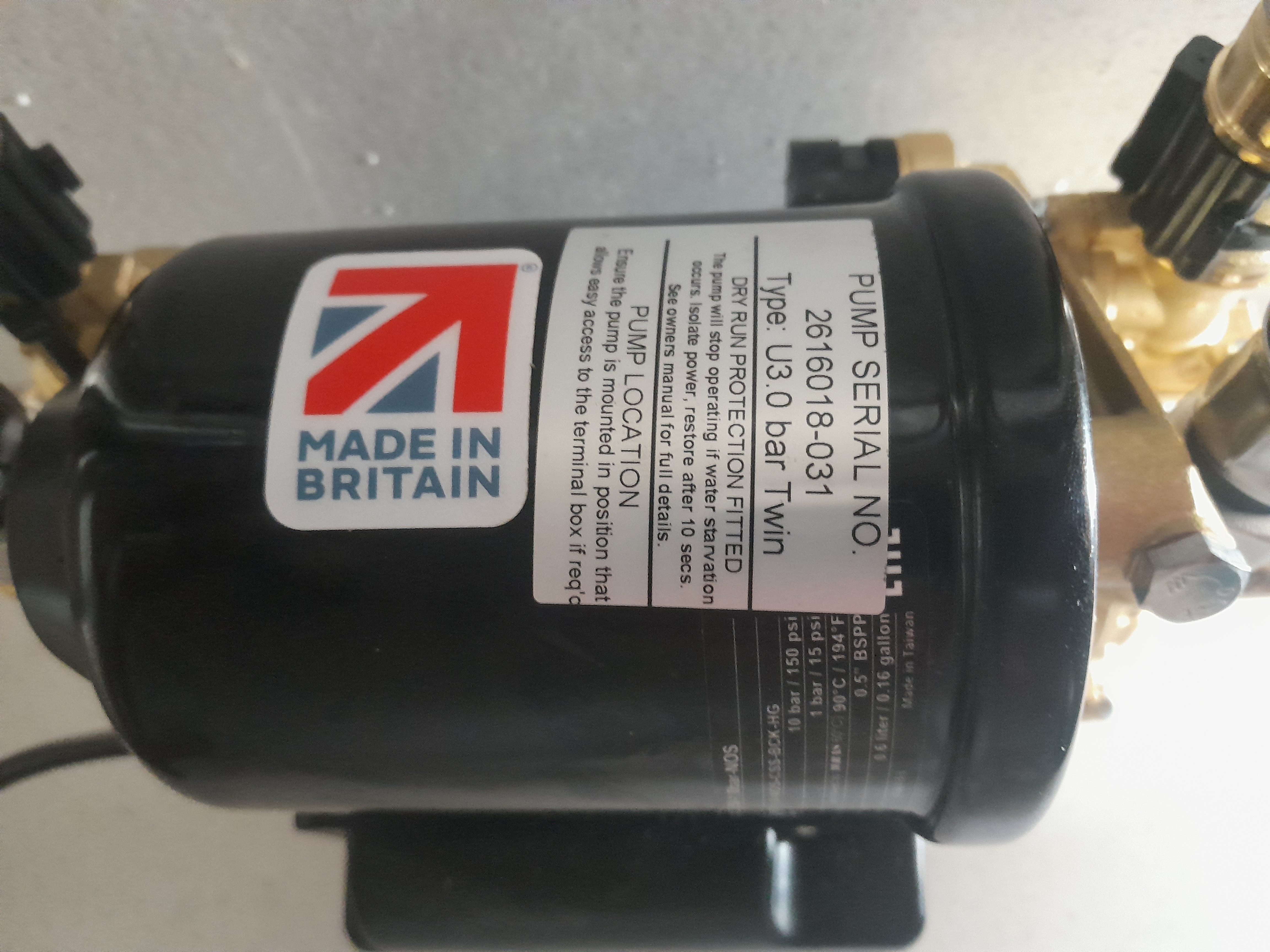 Stuart Turner Monsoon shower pump, Made in Britain label visible